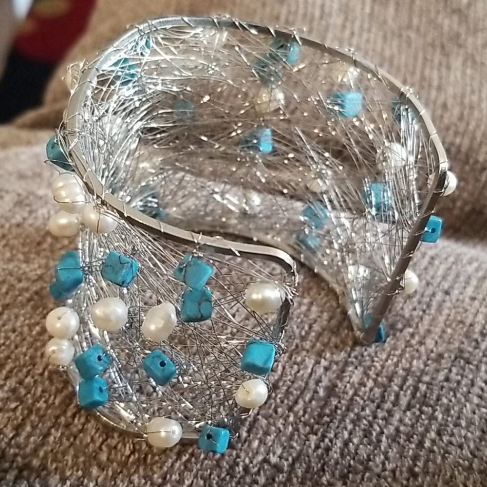 Nina Nguyen Wire Cuff Genuine Turquoise & Pearl. - Picture 10 of 10